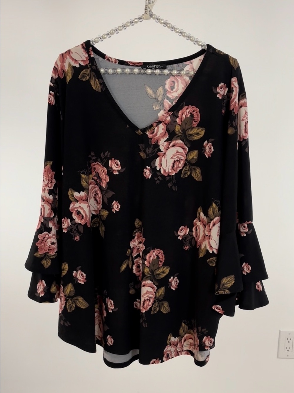 GEORGE Plus Floral on Black V-Neck 2 Tier Bell Sleeves Hi-Lo Tunic Top